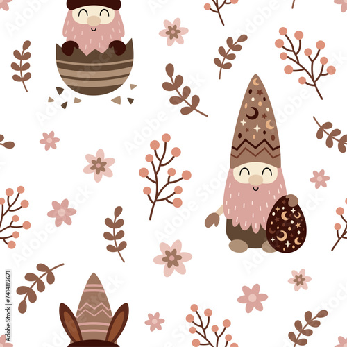 Boho Easter seamless pattern with easter gnome in flat style. Happy Easter digital paper perfect for scrapbook paper, decor, background, fabric.