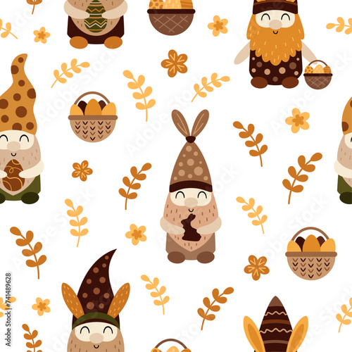 Boho Easter seamless pattern with easter gnome in flat style. Happy Easter digital paper perfect for scrapbook paper, decor, background, fabric.