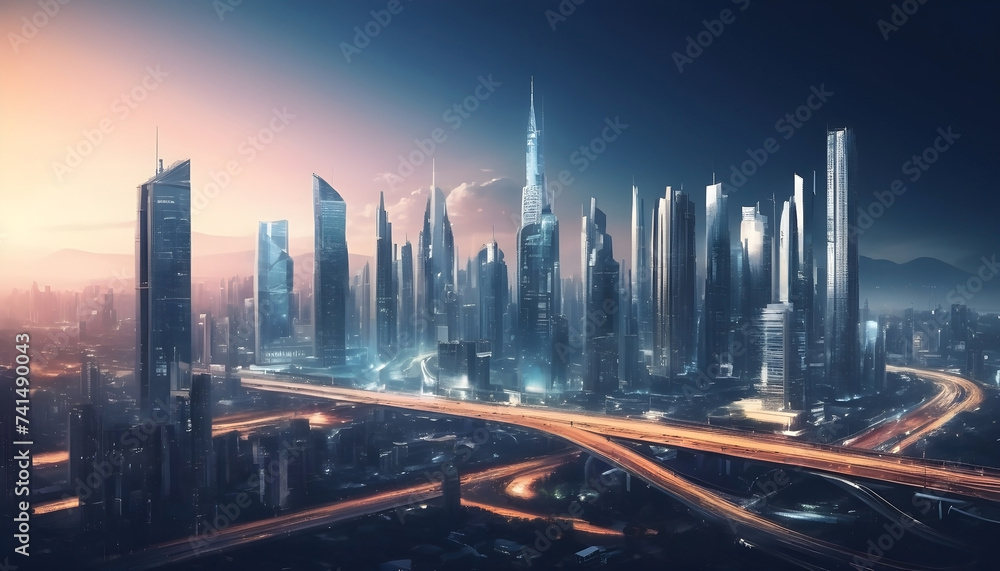 Digital modern futuristic city architecture buildings city scape in urban technological background banner   - obrazy, fototapety, plakaty 
