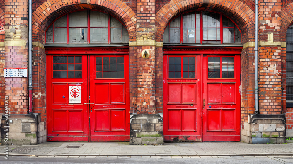 Bright red doors of a fire station in Berlin.