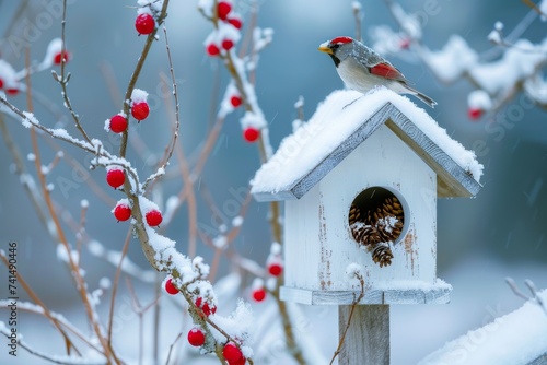 A solitary bird perches on a snow-covered birdhouse, its red feathers a stark contrast against the wintry landscape, as it finds shelter on a twig amidst the frozen branches photo