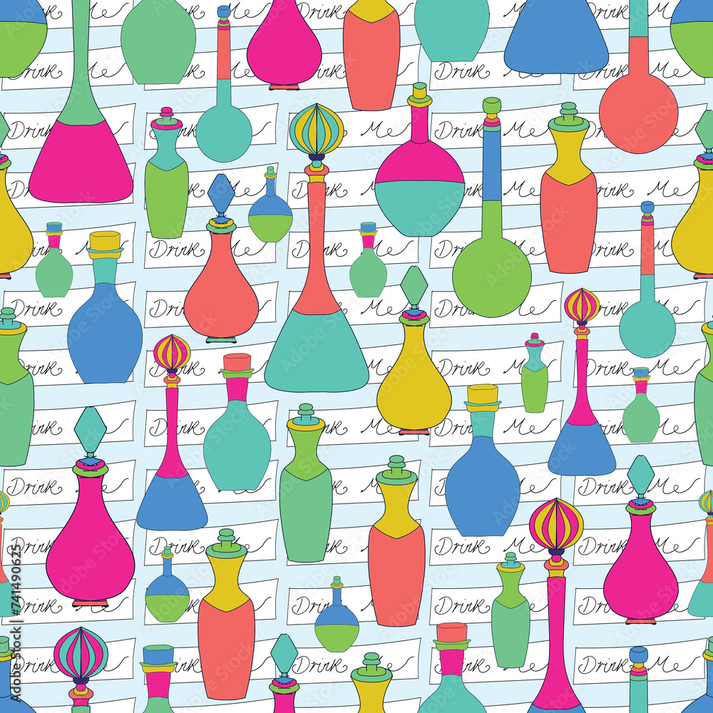 Vector hand drawn potion flasks and bottles seamless pattern, perfect for spooky events and themes. Vector hand drawn potion flasks and bottles seamless pattern, perfect for spooky events and themes.