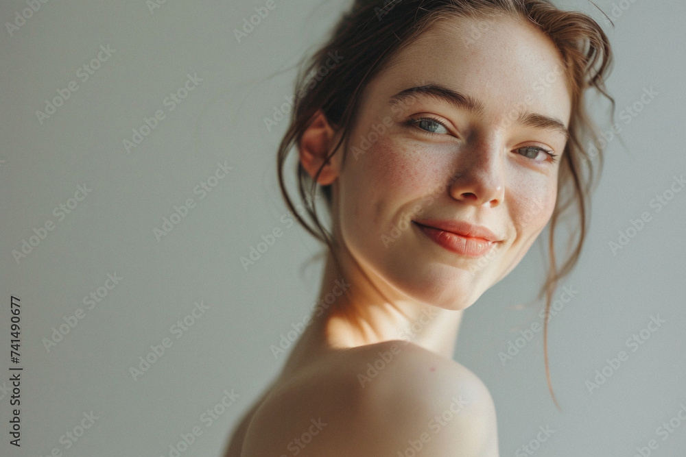 Beauty portrait of happy attractive young woman with glowing healthy radiant pure skin and beautiful hair. Pretty european girl model smiling on background advertising skin care cosmetic. Closeup face Beauty portrait of happy attractive young woman with glowing healthy radiant pure skin and beautiful hair. Pretty european girl model smiling on background advertising skin care cosmetic. Closeup face