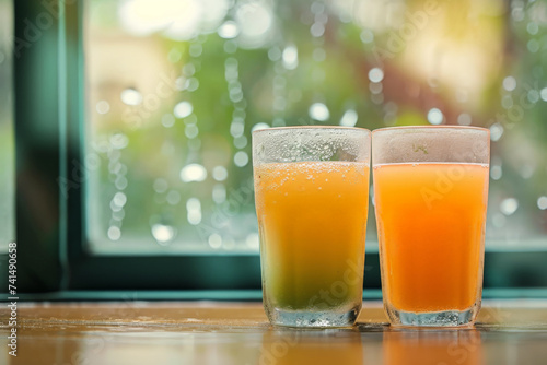 Vasos conteniendo zumo de naranja y kiwi, sobre la repisa de una ventana con fondo de cristal con gotas de lluvia y vista al exterior desenfocada