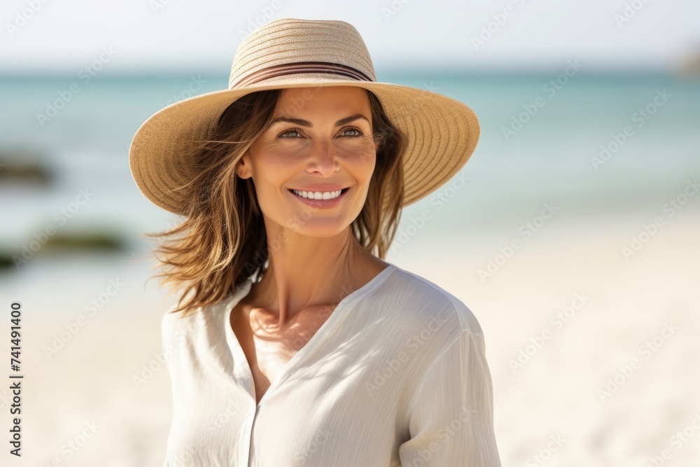 summer holidays, vacation, travel and people concept - smiling young woman in hat on beach