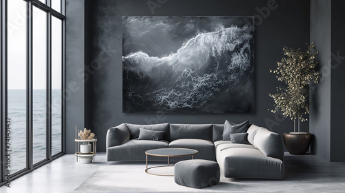 A charcoal grey wall showcasing a dynamic, abstract stormy sea, waves and foam creating outlines of marine flora and fauna