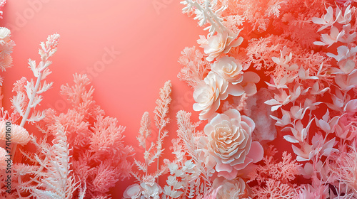 A coral pink wall adorned with an abstract, undersea garden, coral structures forming delicate, plant-like designs