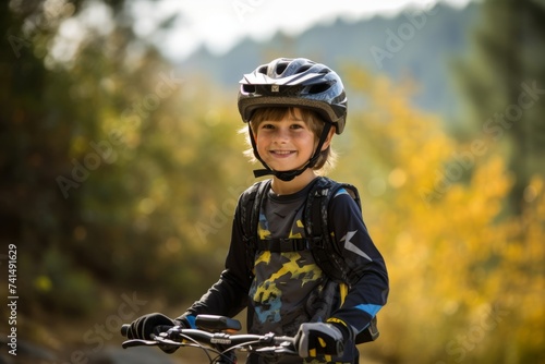 Portrait of a boy with a bicycle on the background of the autumn forest