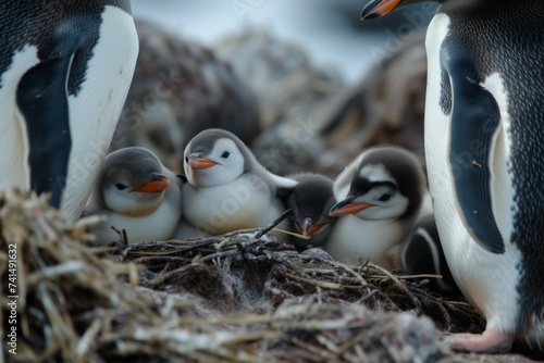 group of baby penguins huddled for warmth