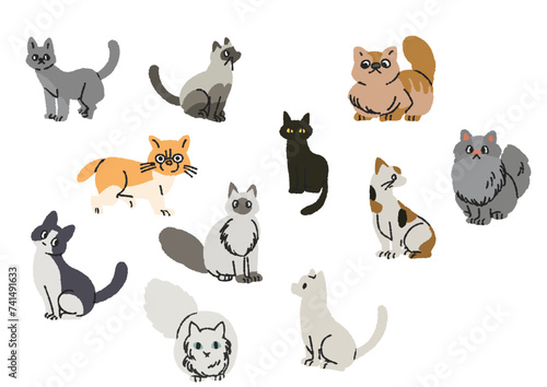 さまざまな柄とポーズの猫のイラストセット