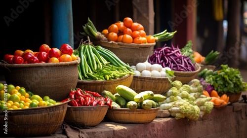 Local farmer's market, fair with fresh vegetables and fruits: Cucumbers, Zucchini, Peppers, Tomatoes, Eggplant, Beans, Greens. Healthy Food, Vitamins and Fiber, Organic food concepts.