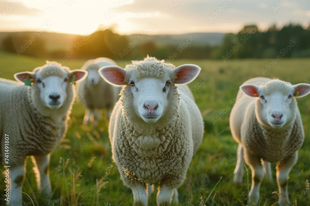 A peaceful herd of sheep stands in a lush green pasture, their soft wool blending into the surrounding grass as they graze under the open sky on the farm A peaceful herd of sheep stands in a lush green pasture, their soft wool blending into the surrounding grass as they graze under the open sky on the farm