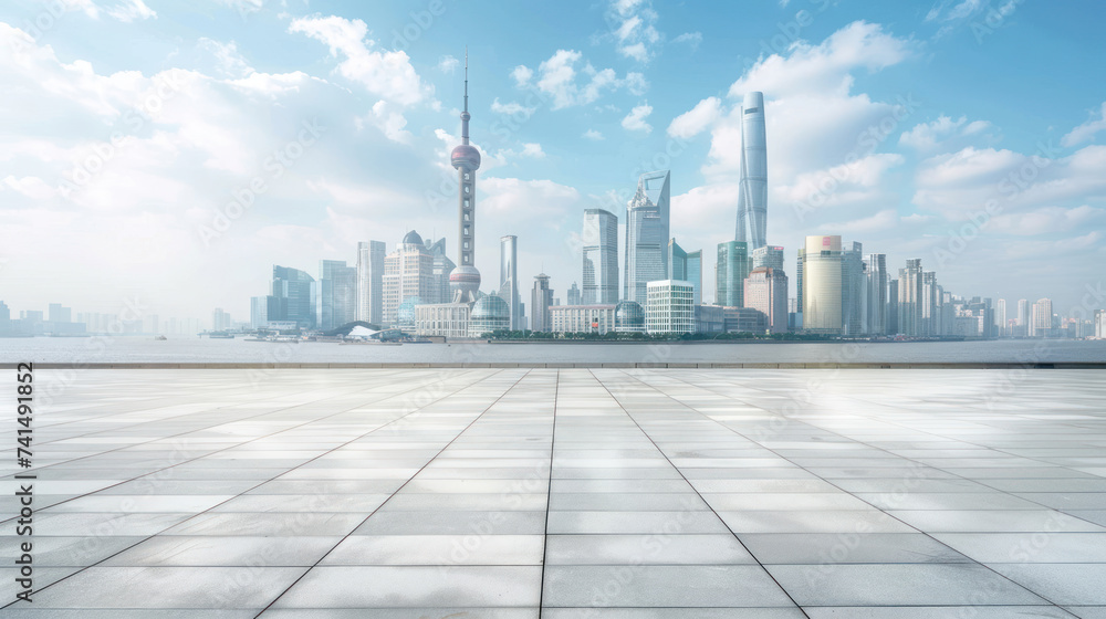 Empty square floor and city skyline with modern buildings scenery in Shanghai.