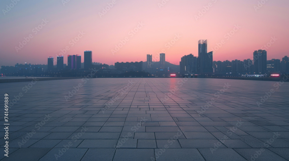 Empty square floor and modern city skyline with buildings at sunset in Ningbo, Zhejiang Province, China.