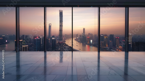 Empty floor and modern city skyline with building at sunset in Suzhou  China. high angle view.