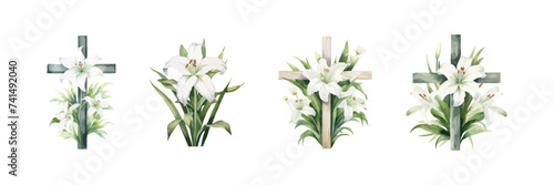 Christian cross and lily flowers watercolor. Vector illustration. photo