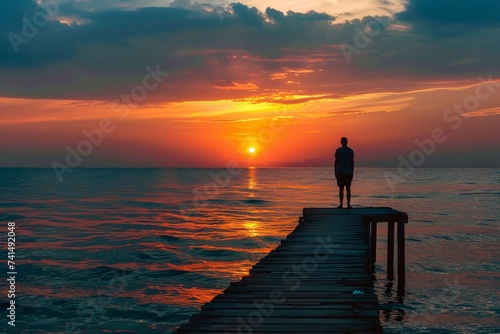 As the sun sets behind the calm ocean  a lone figure stands on the boardwalk  gazing at the horizon and basking in the afterglow of the evening sky