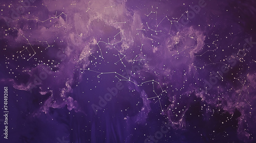 A deep purple wall featuring a large, abstract representation of a night sky, constellations forming shapes of mythical fauna photo