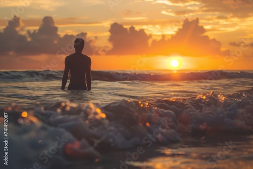 A lone figure stands amidst the gentle waves at sunset, silhouetted against a sky of fiery afterglow and backlit by the last rays of the sinking sun, a peaceful moment in nature captured on the beach