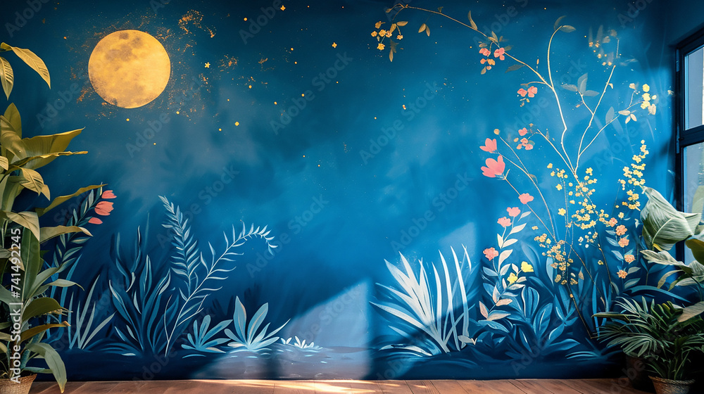 A dusk blue wall featuring a serene, abstract twilight scene, with stars and moonlight casting shapes of night-blooming flowers and nocturnal fauna