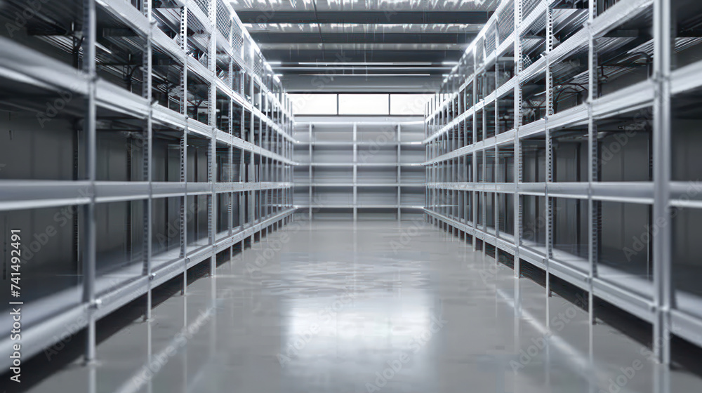 Fototapeta premium Empty shelving racks in warehouse interior.