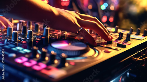 The hand of a DJ poised on the DJ console