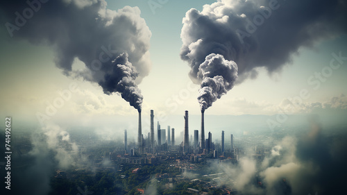 factory with large pipes and smoke pollutes the air, the atmosphere and the threat to the environment, the problem of carbon footprint, global warming photo