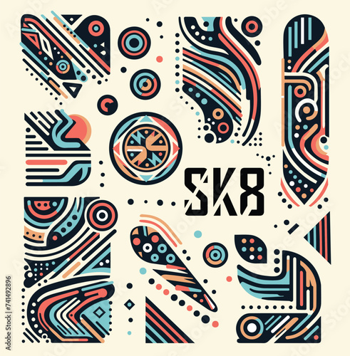 Skateboard SK8 subculture design elements, youth style, decor of clothing, accessories, sportswear