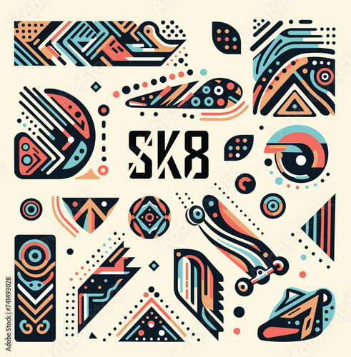 Skateboard SK8 subculture design elements, youth style, decor of clothing, accessories, sportswear
