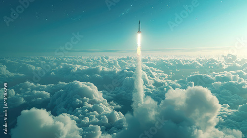 A combat rocket is flying above the clouds. Missile attack photo