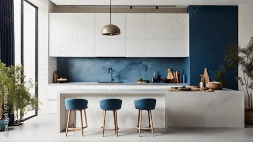 Modern Kitchen Design with Blue Accents and Marble Touches ,modern kitchen interior