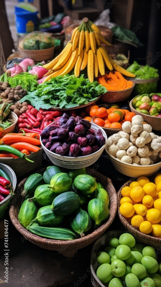 Local farmer's market, a fair with fresh vegetables and fruits. Bananas, Greens, Cucumbers, Apples, Lemons, Garlic are on the shelves. Healthy Food, Vitamins and Fiber, Organic food concepts.