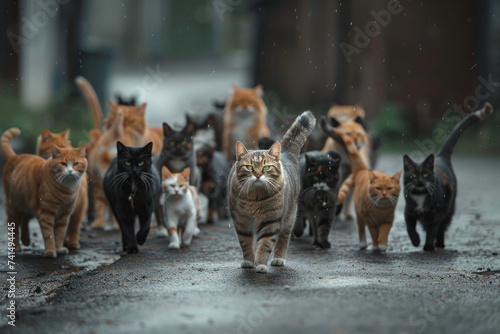 cat king leading group of cats on street