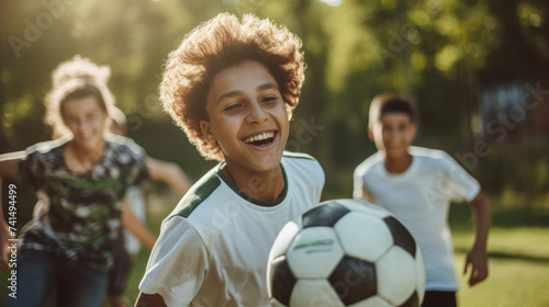close view of Happy teenagers playing soccer outdoors 