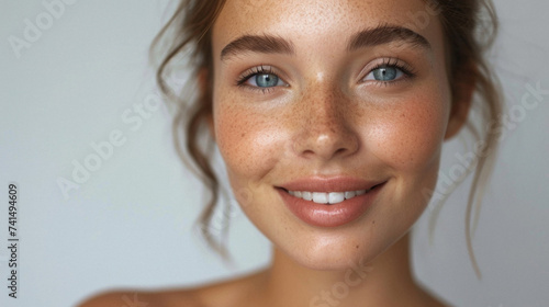 Beauty portrait of happy attractive young woman with glowing healthy radiant pure skin and beautiful hair. Pretty european girl model smiling on background advertising skin care cosmetic. Closeup face