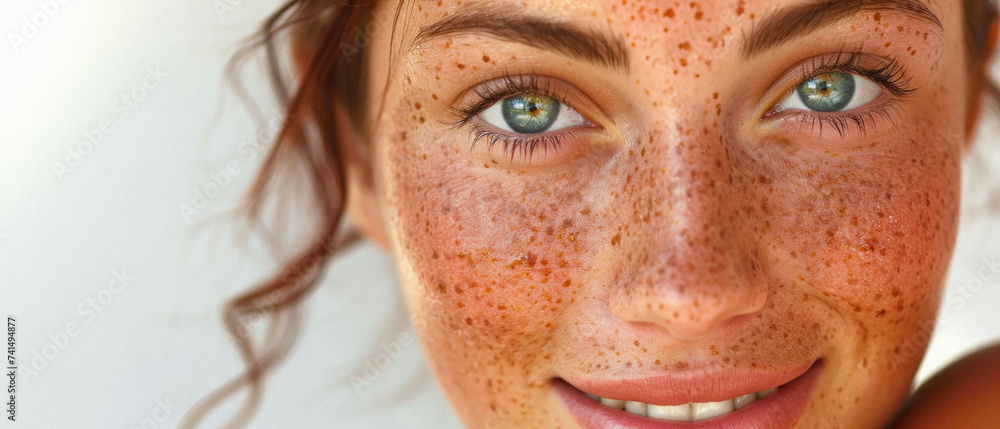 Beauty portrait of happy attractive young woman with glowing healthy radiant pure skin and beautiful hair. Pretty european girl model smiling on background advertising skin care cosmetic. Closeup face Beauty portrait of happy attractive young woman with glowing healthy radiant pure skin and beautiful hair. Pretty european girl model smiling on background advertising skin care cosmetic. Closeup face