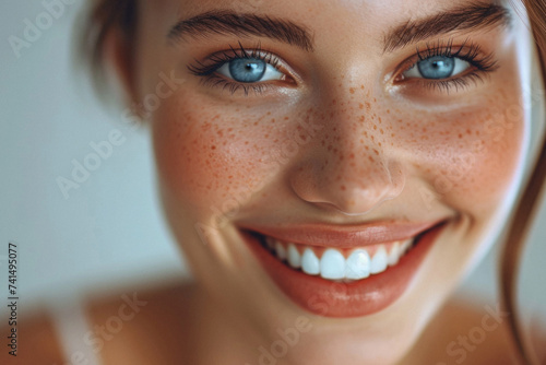 Happy attractive confident young adult or mid aged European woman posing for beauty aesthetic portrait. Beautiful lady smiling on background, attractive female model looking at camera. Close up face .