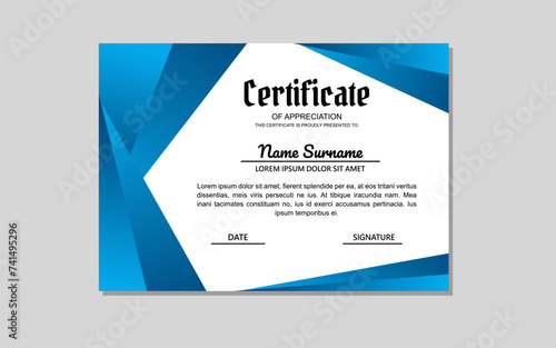 Certificate template design in blue abstract style for education and business appreciation
