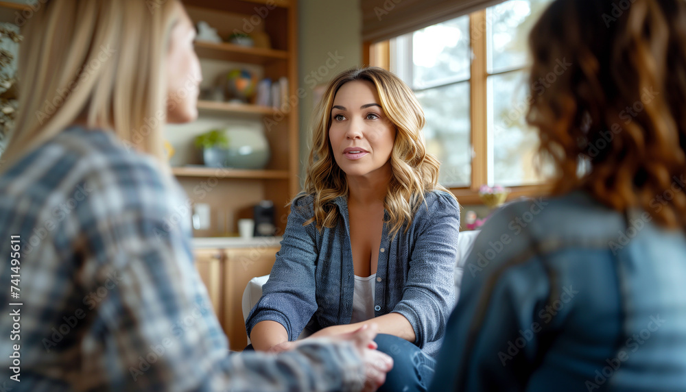 Beautiful young caucasian psychologist woman portrait during psychological mental supporting group session. Mental health, addiction treatment, psychiatrist professional help and support concept image