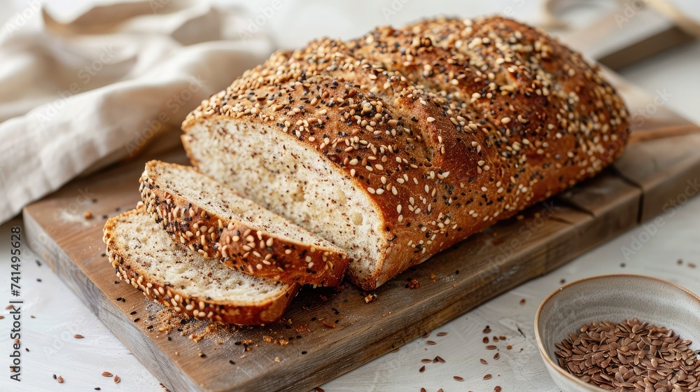 Multi grain sourdough bread with flax seeds cut on a wooden board, closeup view. Healthy vegan bread choice Multi grain sourdough bread with flax seeds cut on a wooden board, closeup view. Healthy vegan bread choice