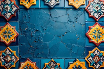 A minimalist Cinco de Mayo theme featuring a flat azure blue background, a geometric pattern 
