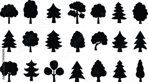 Trees flat icons set. Plants, landscape design, fir tree, succulent, privacy shrub, lawn grass, flowers black vector collection isolated on transparent background. tree simple silhouettes nature.
