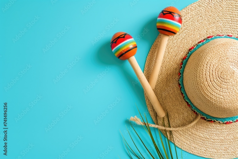Mexican straw hat and maracas, Mexican holiday concept May 5, Cinco de Mayo, blue background. - obrazy, fototapety, plakaty 