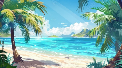 Sunny tropical beach with palm trees and turquoise water  island vacation  hot summer day
