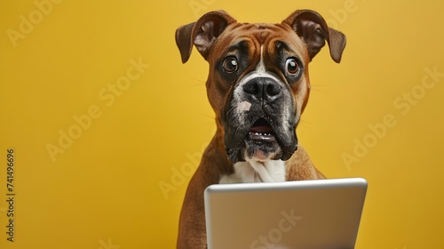 Boxer Dog Surprised by Computer Game on Laptop