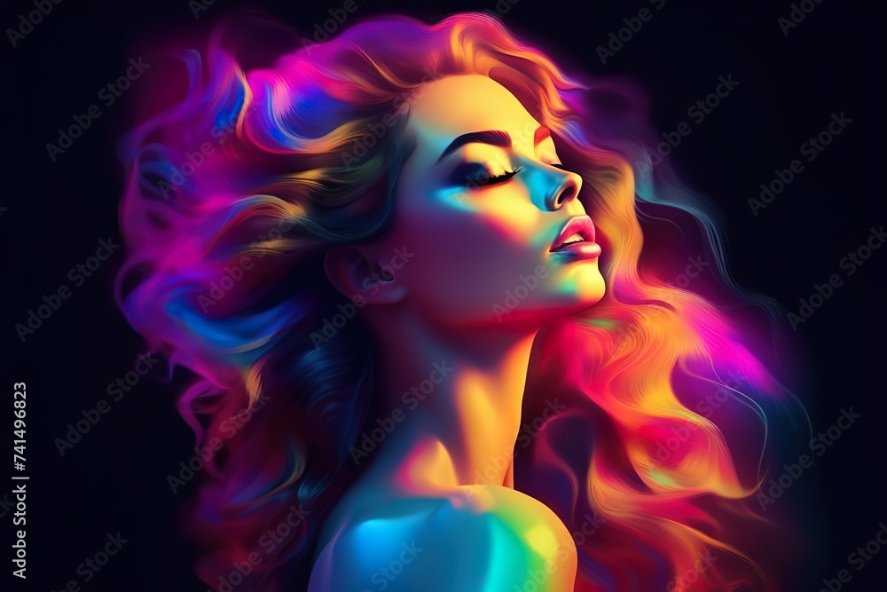 Portrait of a young girl under UV lights  Woman with colored hair, neon makeup neon hairs on black background  

 