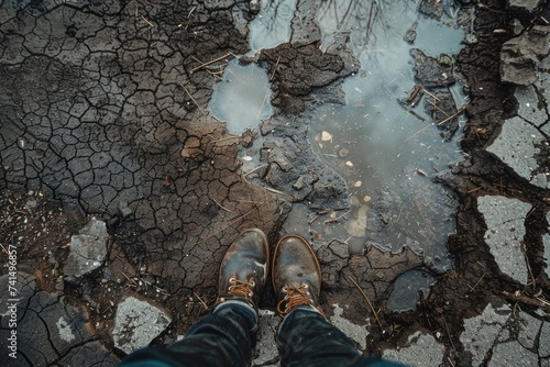 Person looking at mud puddle on dry cracked ground, earth day, save the planet.