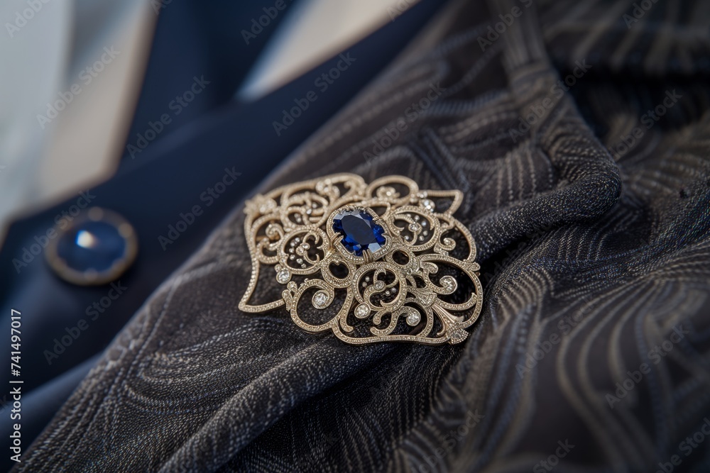 sapphire brooch on a lapel of a persons jacket, detail of the intricate design - obrazy, fototapety, plakaty 