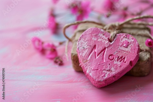 Pink background with a heart-shaped sign with the word mother  mother s day concept.
