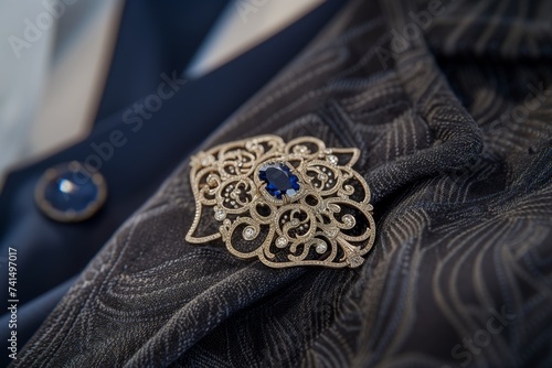 sapphire brooch on a lapel of a persons jacket, detail of the intricate design